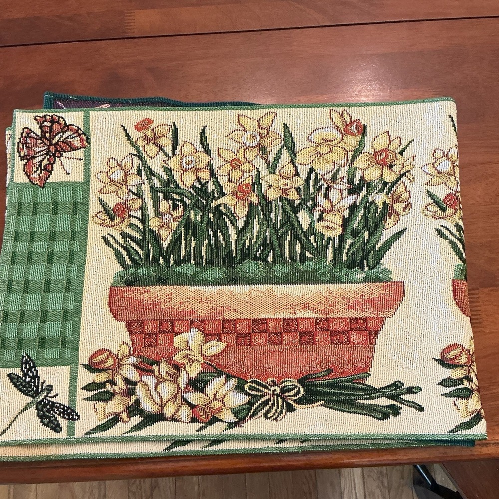 Vintage Tapestry Daffodils Butterfly Dragonfly Table Runner 70" X 13"